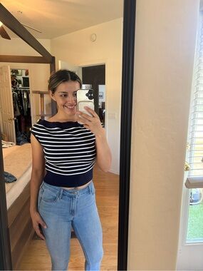 English Factory Navy and White Striped Boatneck Sweater